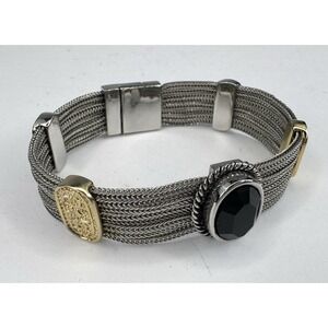 Gold & Silver Tone Mesh Bracelet with Black Stone Magnetic 7 in.
